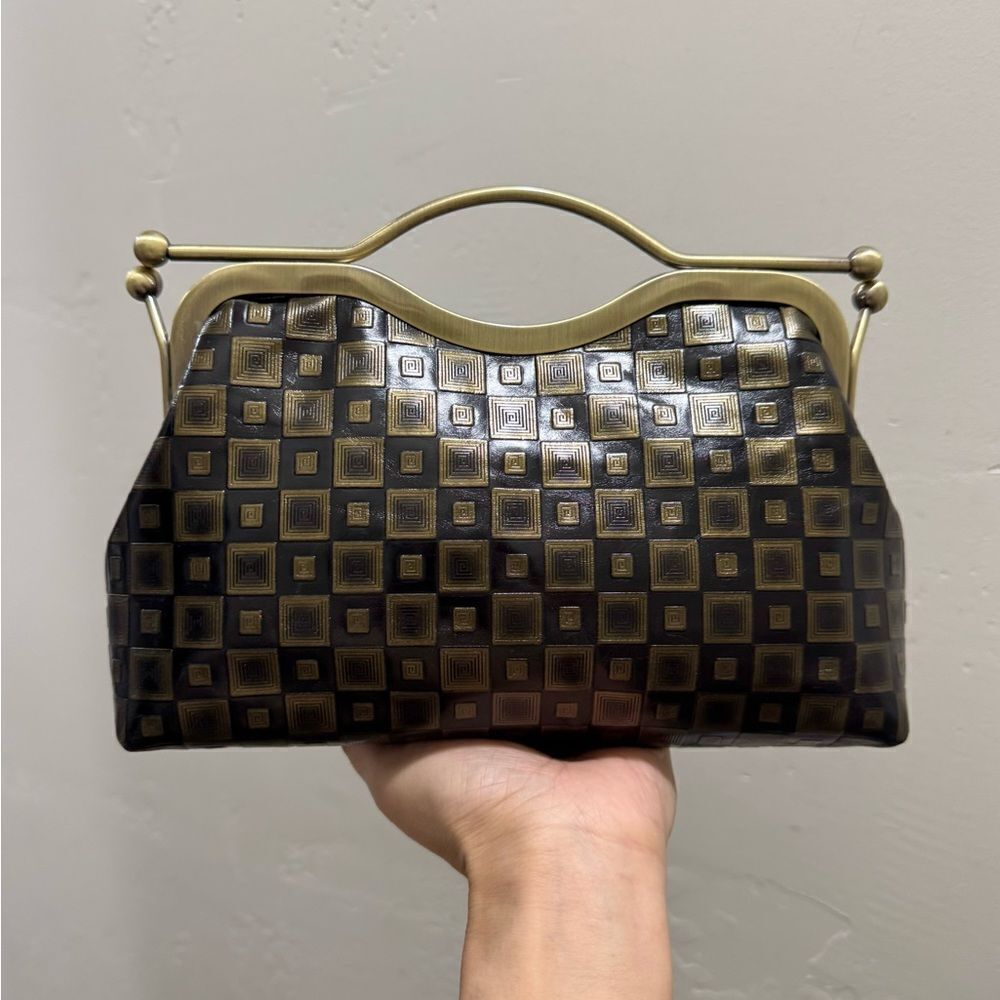 Vintage Pattern Genuine Calfskin Handmade Double Kisslock Purse/Multi Use Style